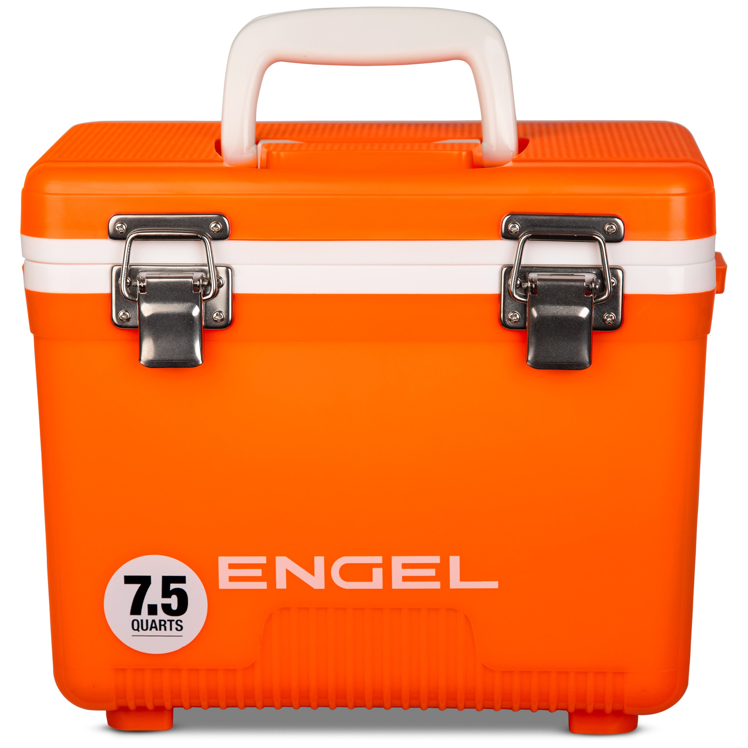 An orange Engel Coolers 7.5 Quart Drybox/Cooler with the word engel on it.