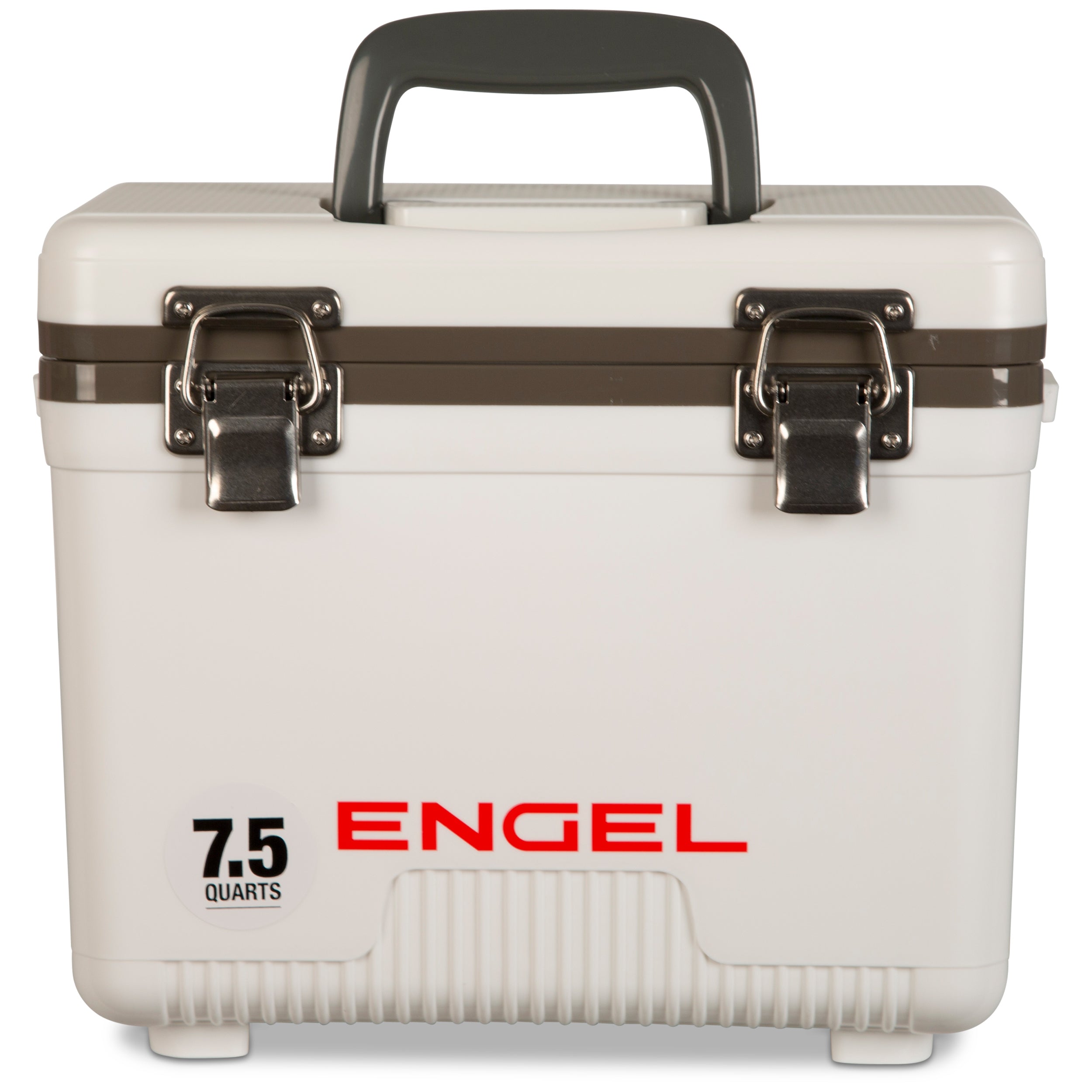 A white Engel Coolers 7.5 Quart Drybox/Cooler with the word Engel on it, suited for hunters.