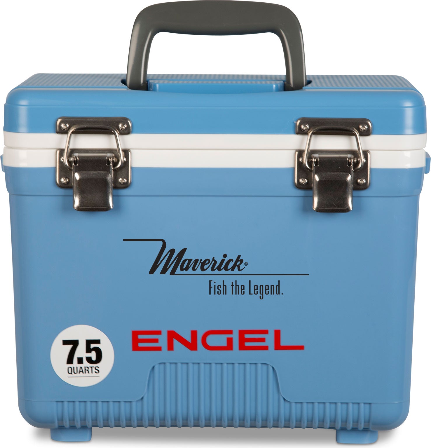 A leak-proof Engel Coolers 7.5 Quart Drybox/Cooler in blue with the word Engel on it, perfect for the outdoors.