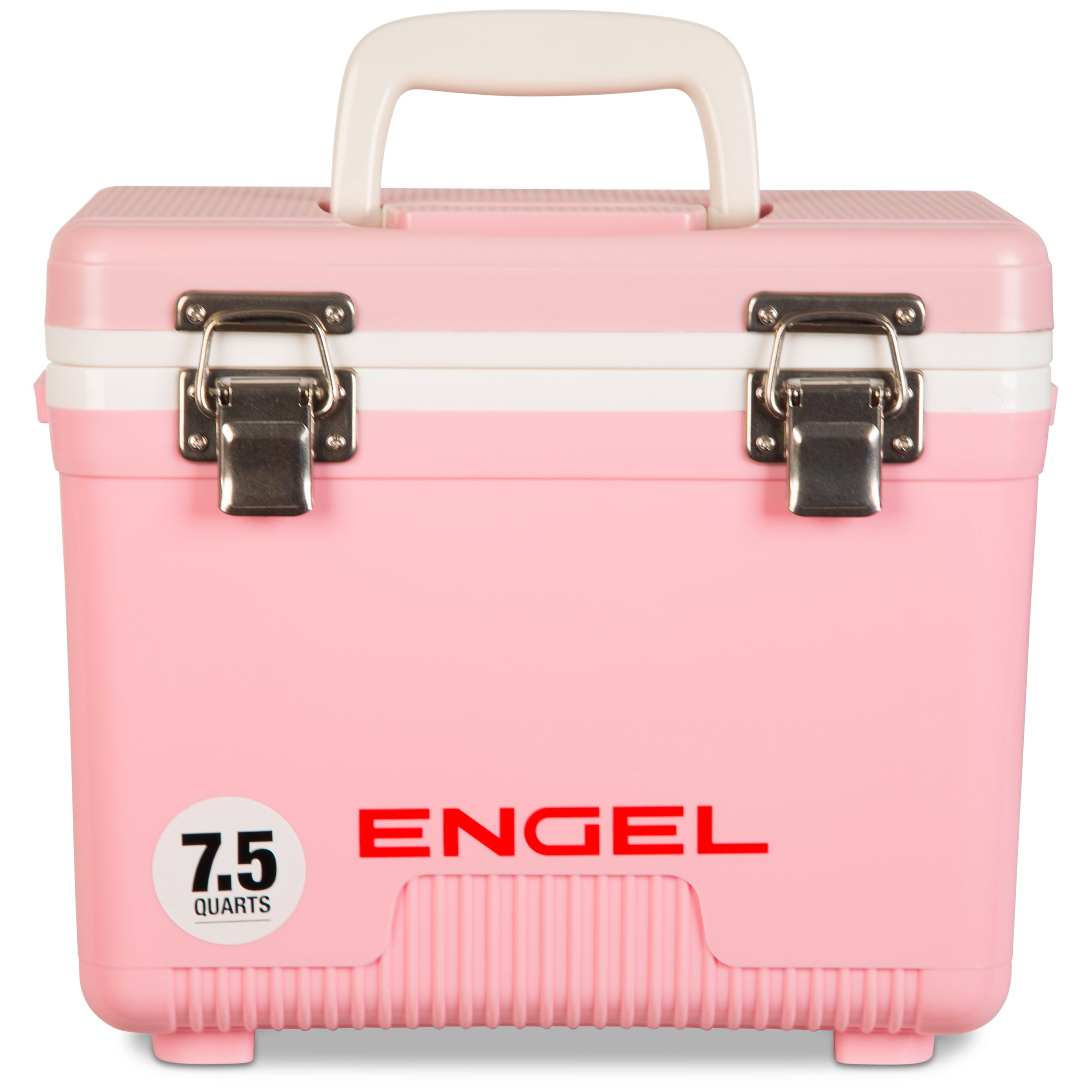 A pink Engel Coolers 7.5 Quart Drybox/Cooler with the word Engel on it.