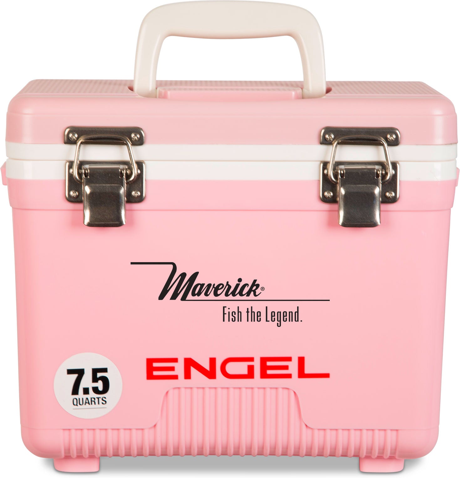 A pink, leak-proof Engel 7.5 Quart Drybox/Cooler with the word Engel Coolers on it.