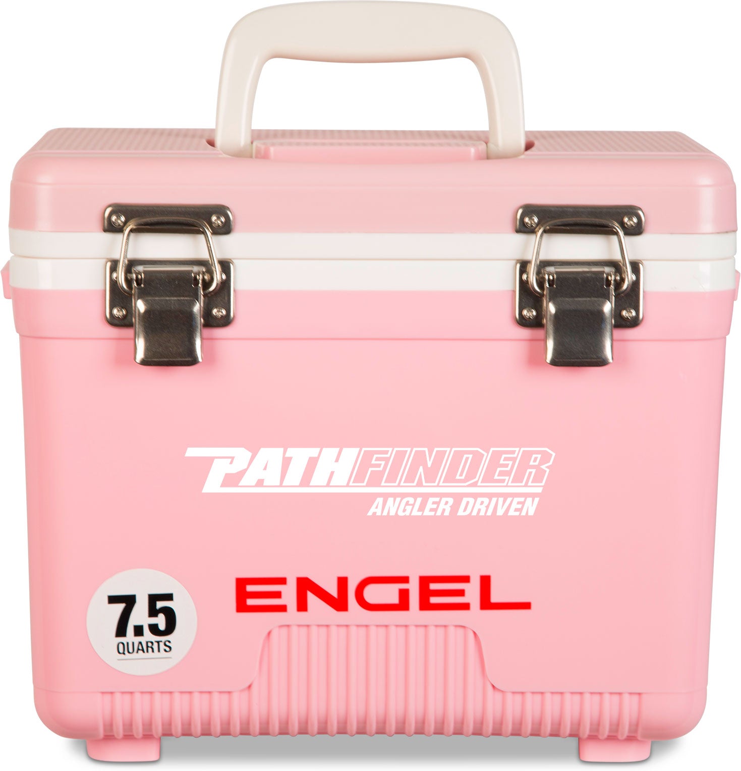 A pink, leak-proof Engel Coolers 7.5 Quart Drybox/Cooler with the word Engel on it.