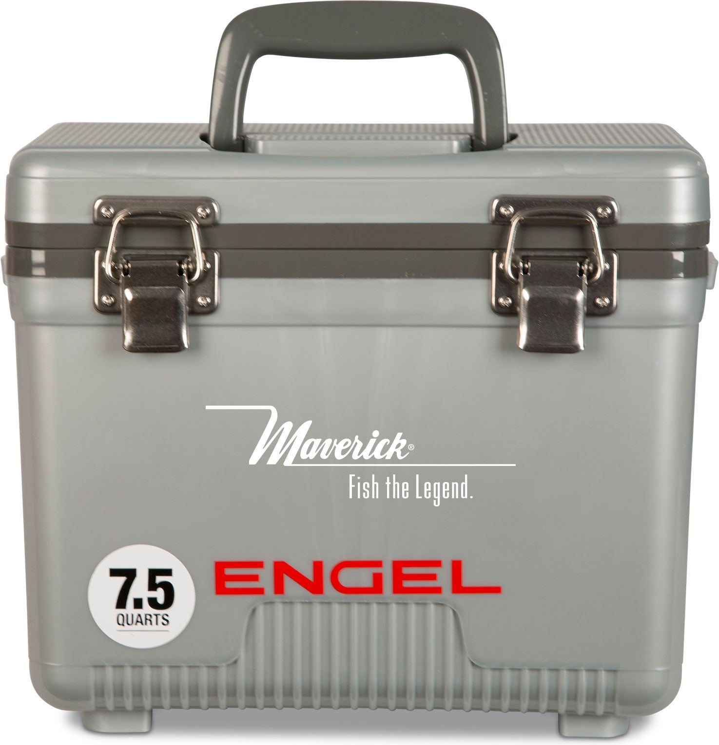 A gray, leak-proof Engel 7.5 Quart Drybox/Cooler with the word Engel Coolers on it.