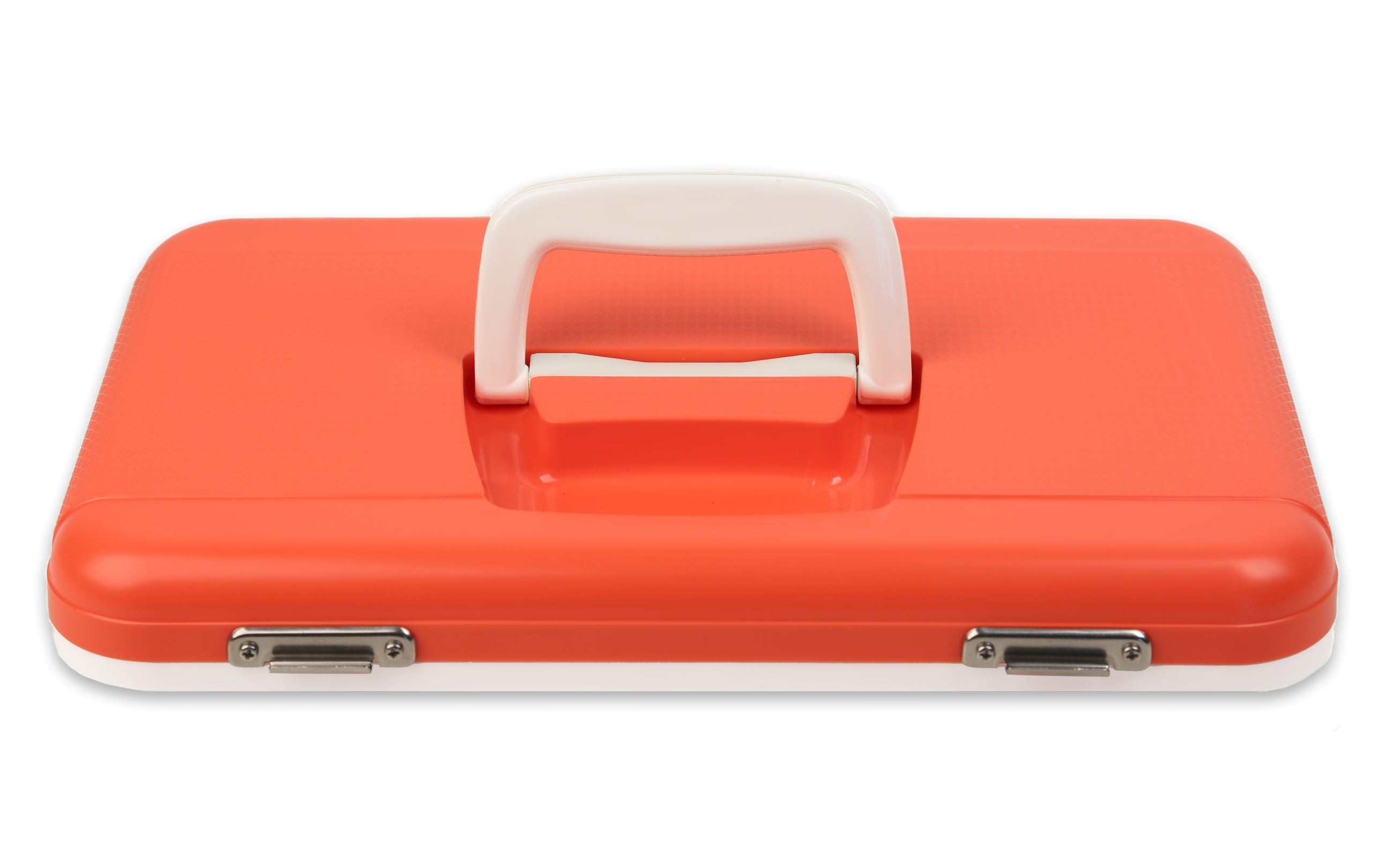 An orange and white Engel Coolers Drybox with handle.