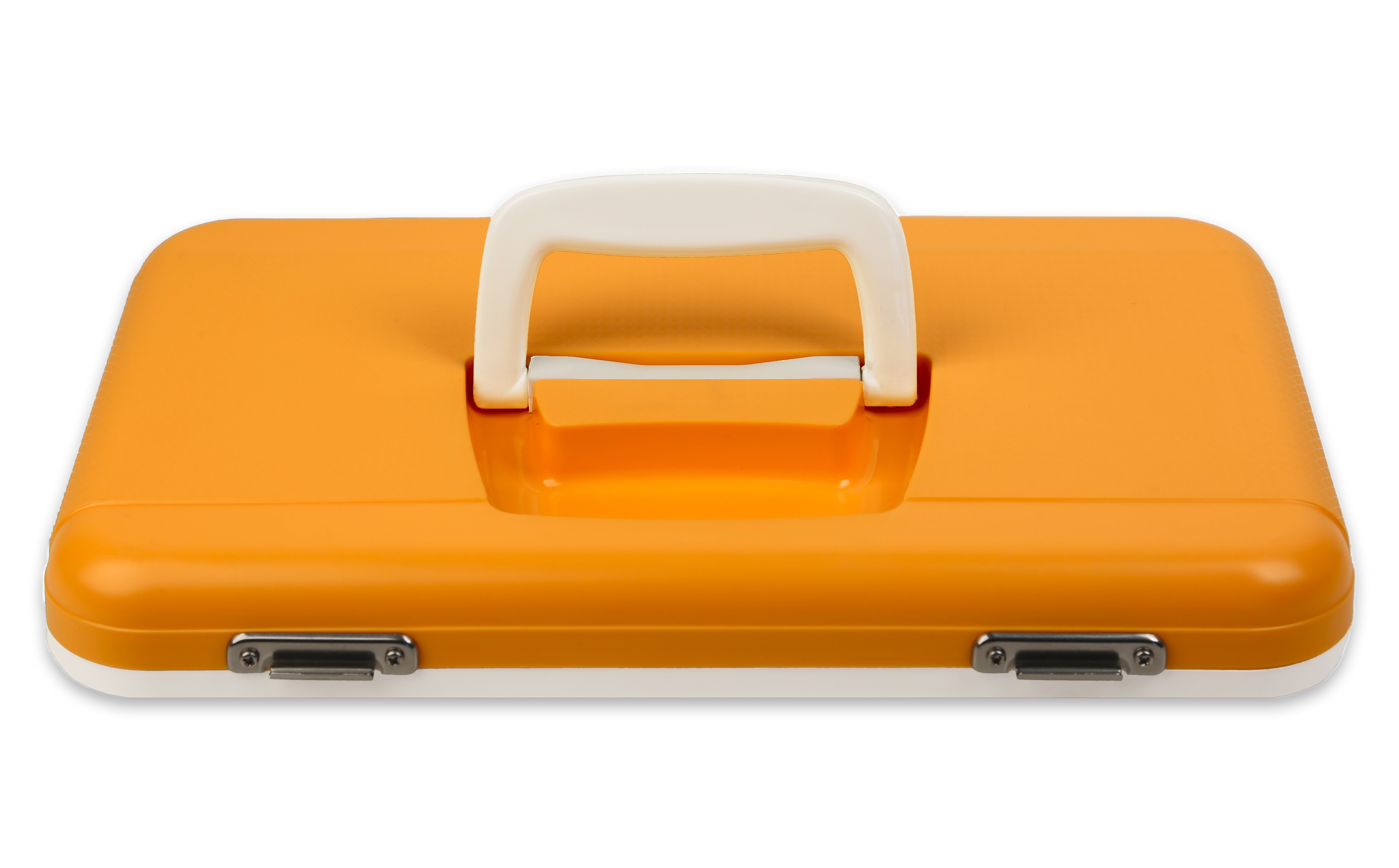 An orange and white Engel Coolers Drybox/Cooler Lids with a handle.