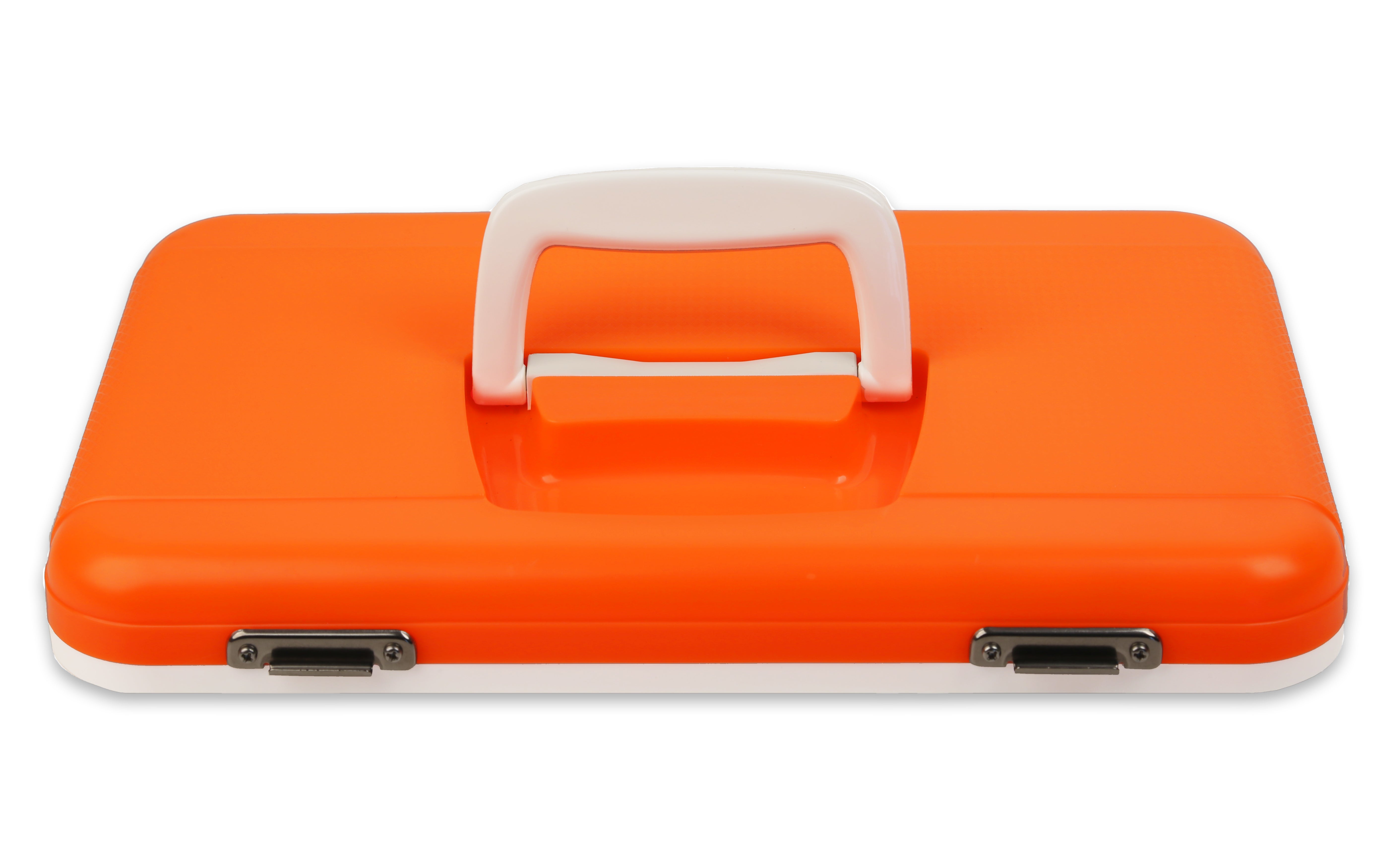 An orange Engel Coolers Drybox with a handle on a white background.