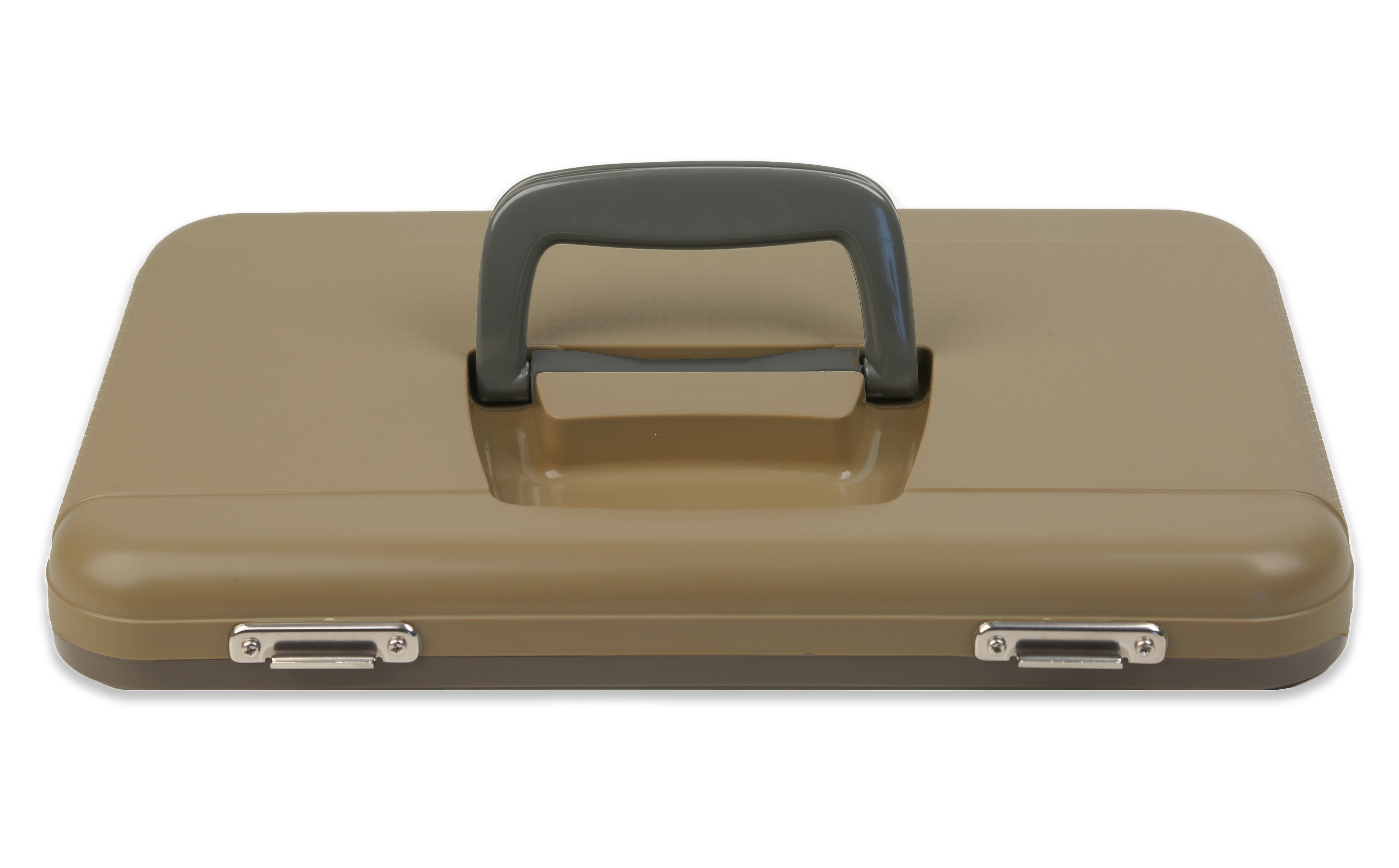 A tan Engel Coolers briefcase with a handle on a white background.