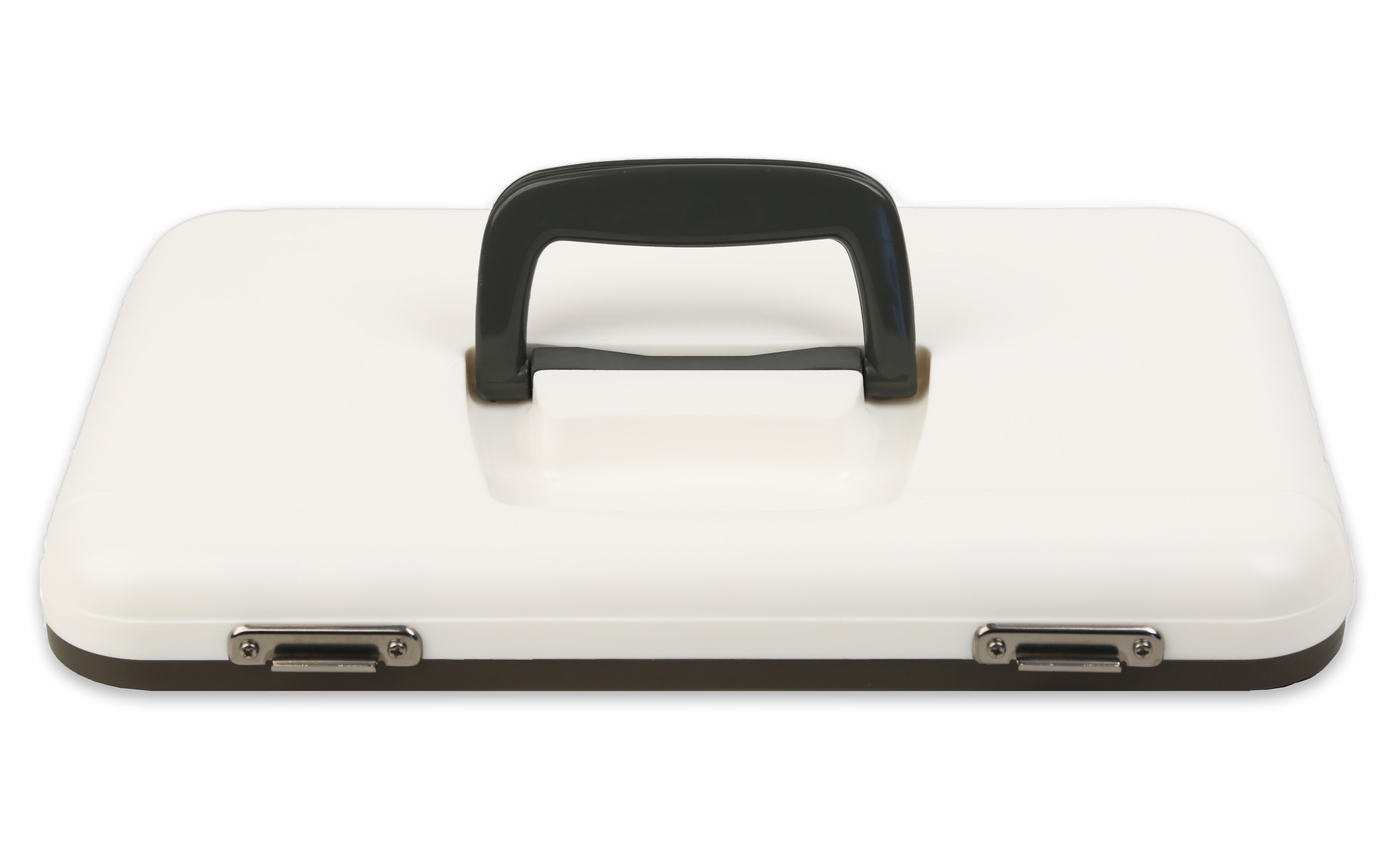 A white Engel Coolers Drybox briefcase with a handle on a white background.