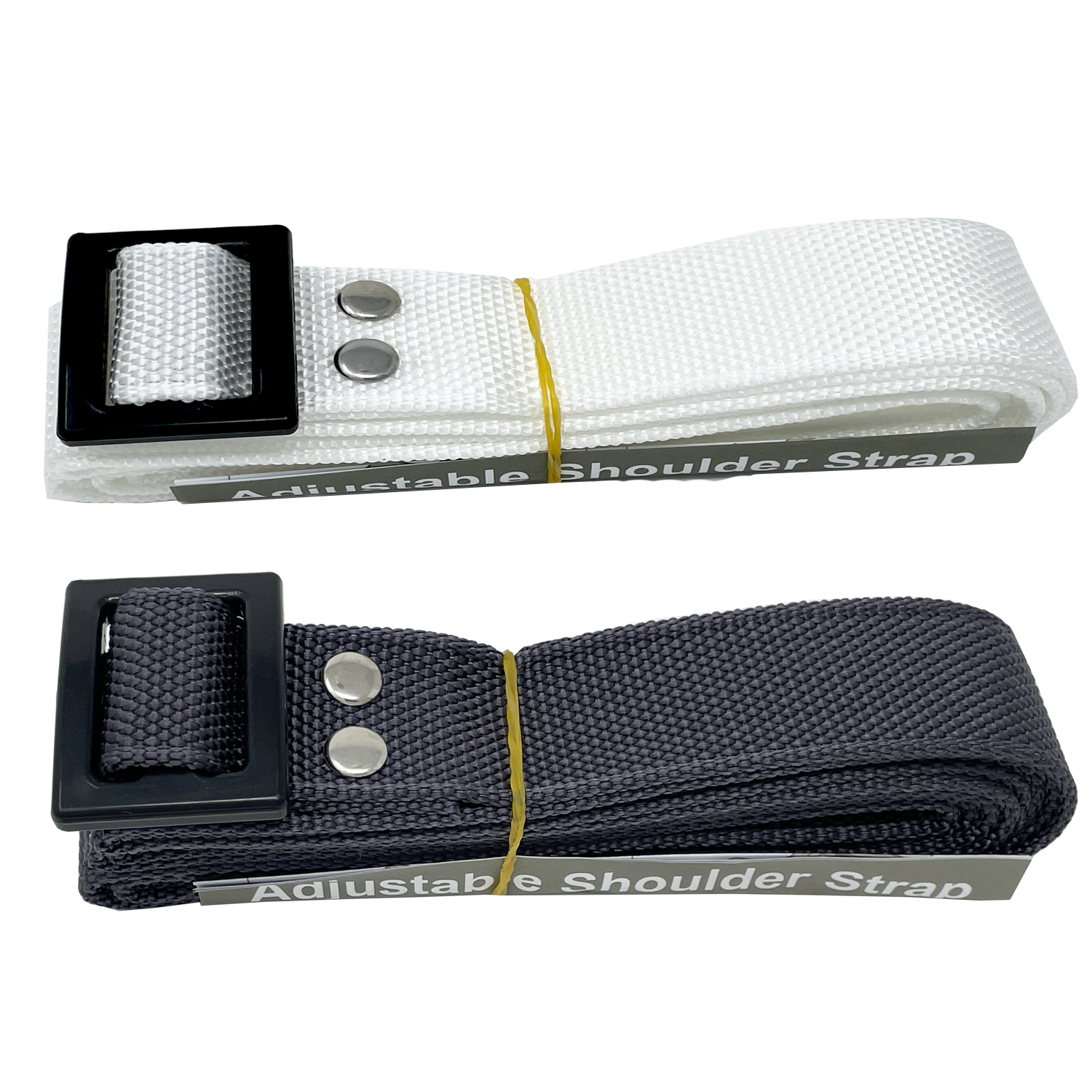 A pair of white and black Drybox Shoulder Straps with a buckle and shoulder strap from Engel Coolers.