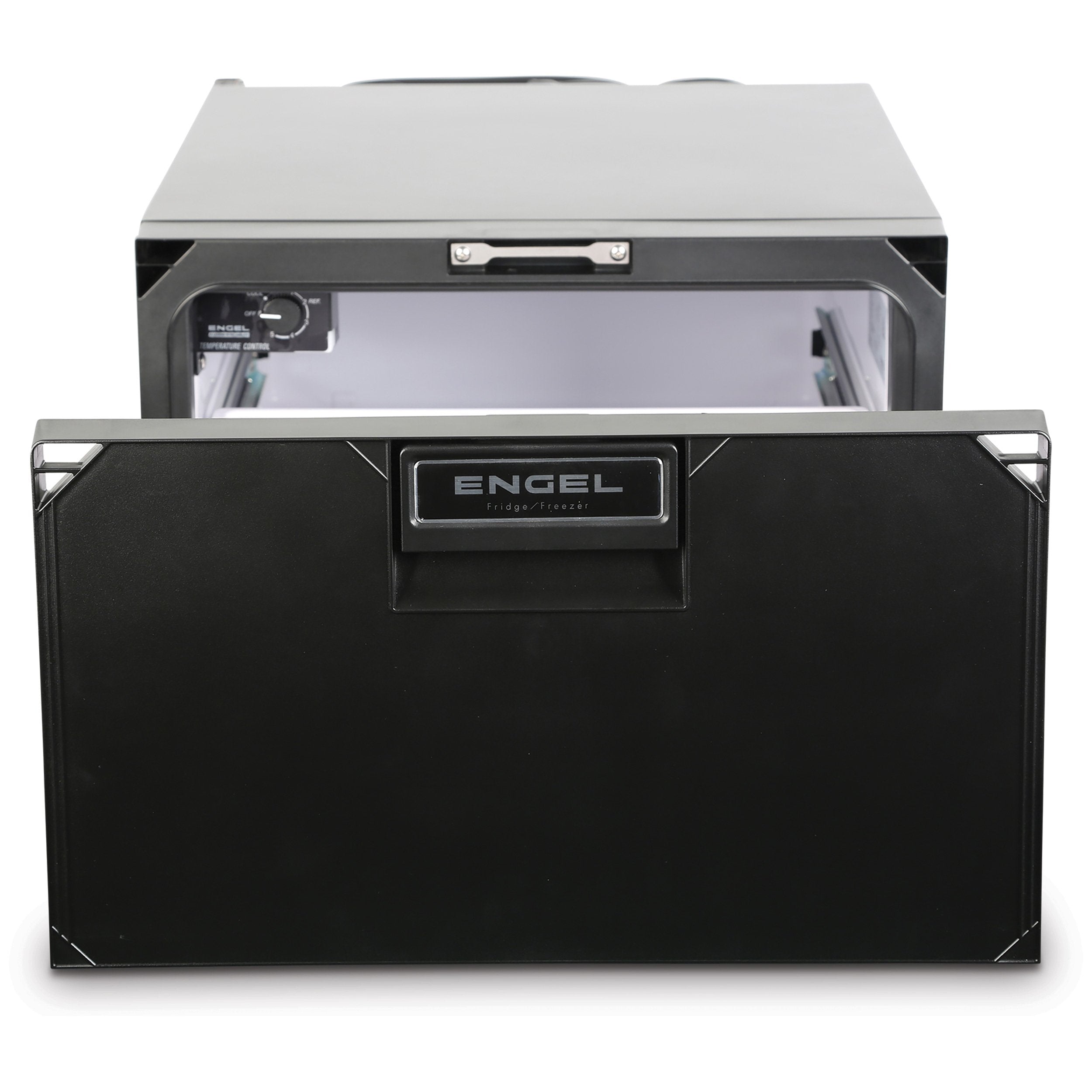 A black Engel SB30 Drawer Style 12/24V DC Only Fridge-Freezer with a lid on it.