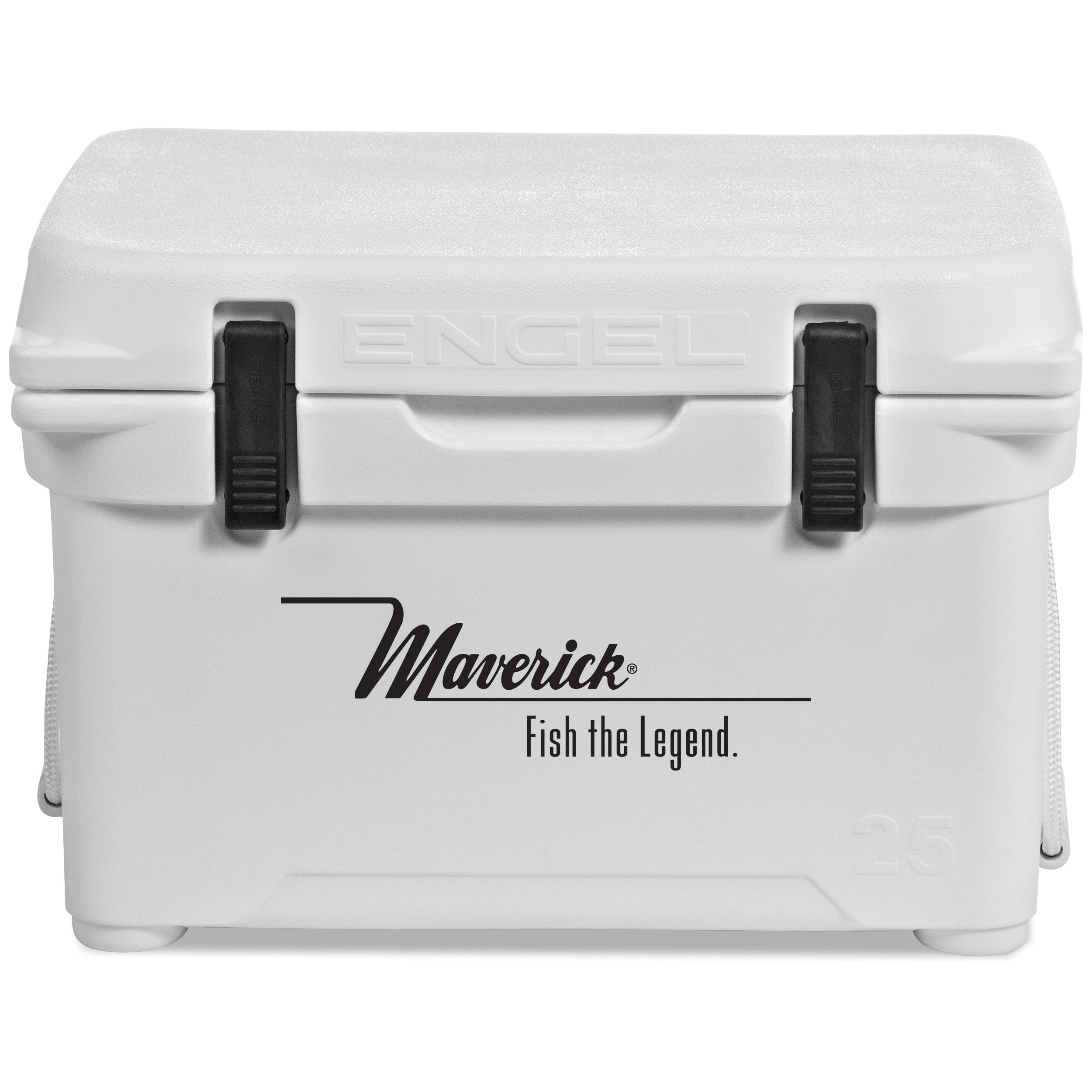 A durable, white roto-molded cooler with the word Engel Coolers on it.