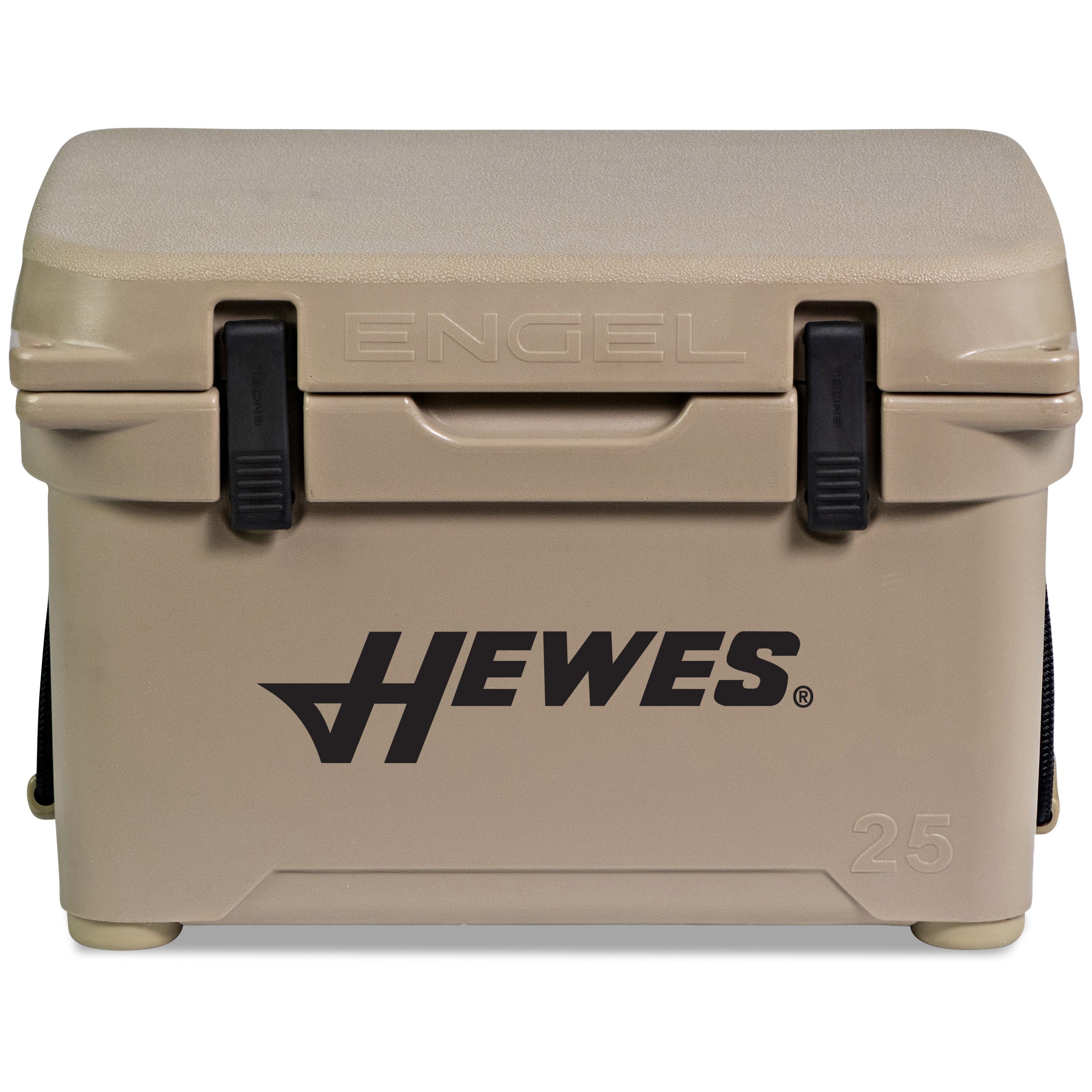 A durable, tan roto-molded cooler with the words Engel Coolers on it.