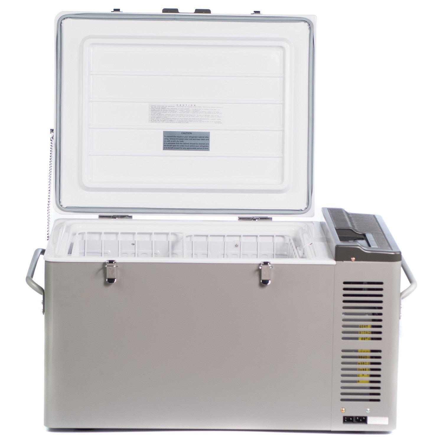 An Engel Coolers MT60 Top Opening 12/24V DC - 110/120V AC Fridge-Freezer on a white background.