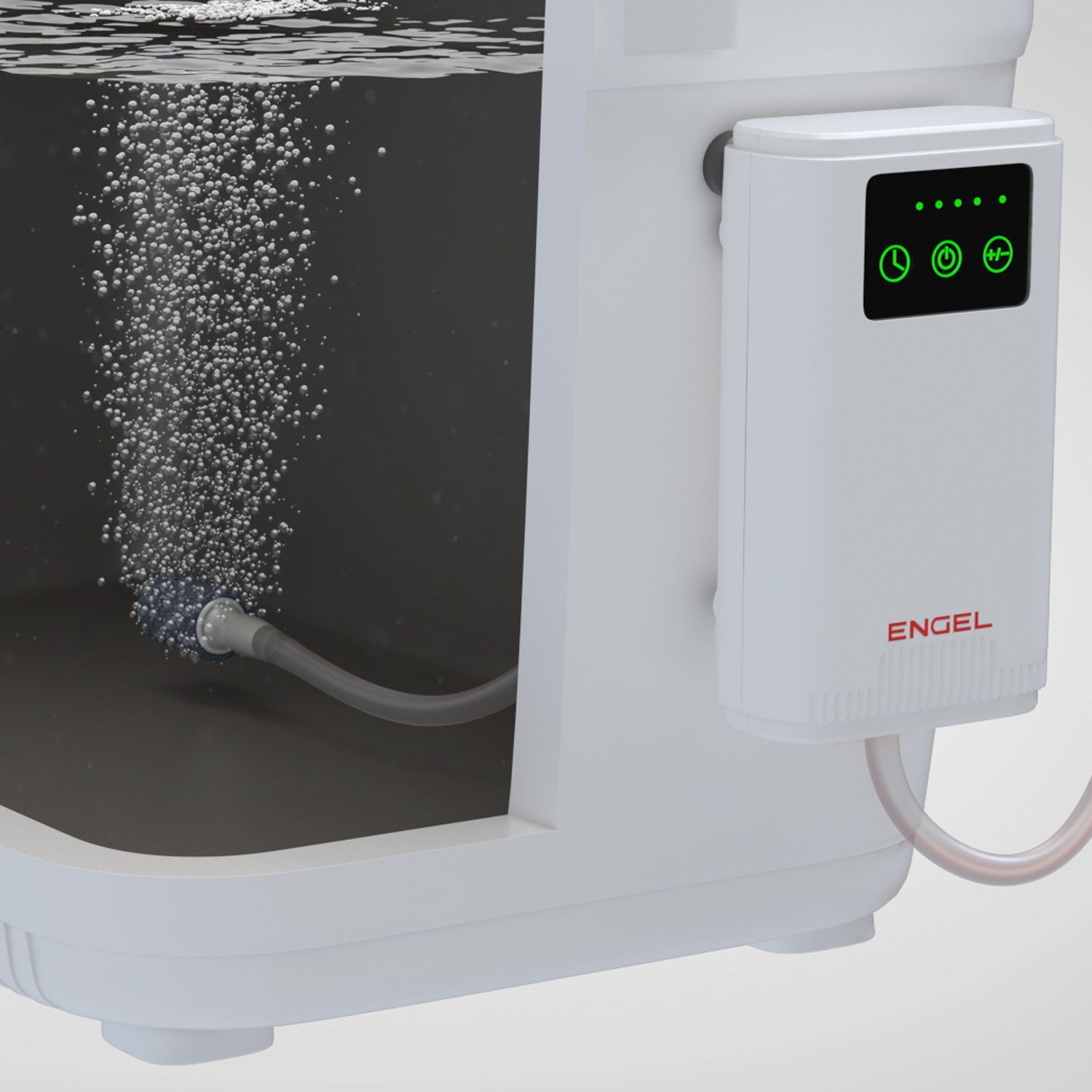 A white Engel Coolers water dispenser with an Engel Extra Large Lithium-ion Rechargeable Live Bait Aerator Pump attached to it.