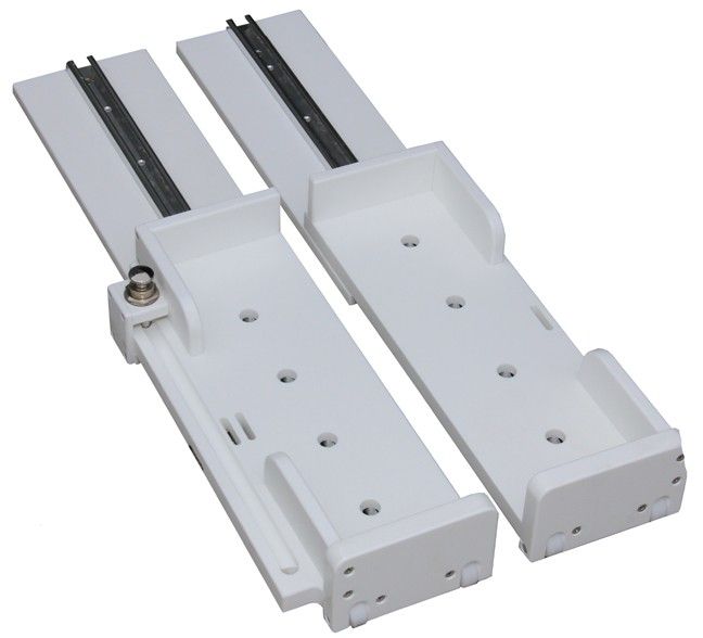 A pair of Engel Coolers Cooler Slides in white plastic brackets for cooler slide installation on a white background, providing easy access.