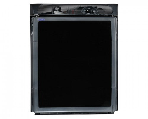 A black Engel Coolers SR48 Front Opening 12/24V DC - 110/120V AC Fridge-Freezer with a black door.