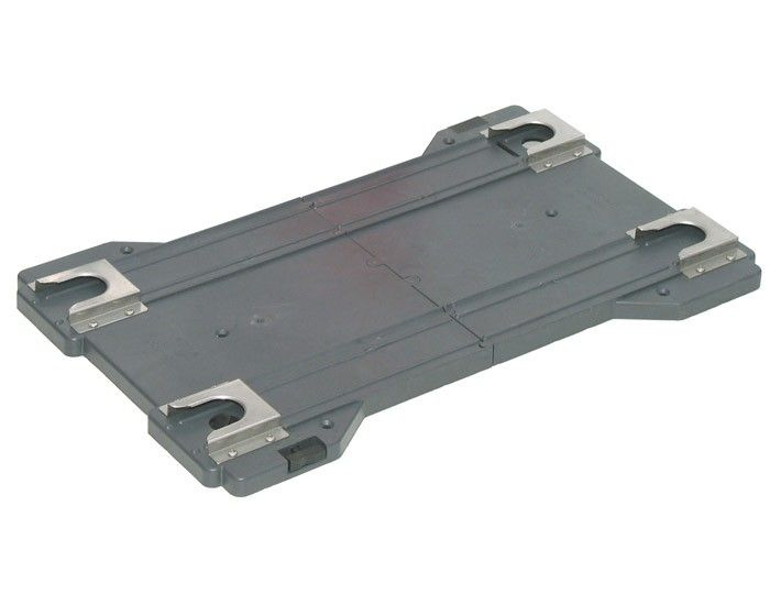 A gray plastic tray with two holes for Engel Coolers Transit Slide Locks on it.