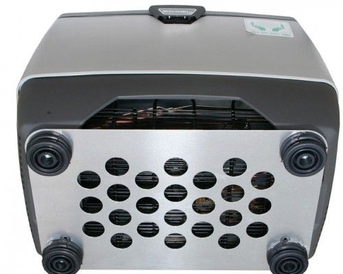 A machine with a black and silver metal cover featuring an Engel Coolers Transit Lock Plate For MD14/MHD13.